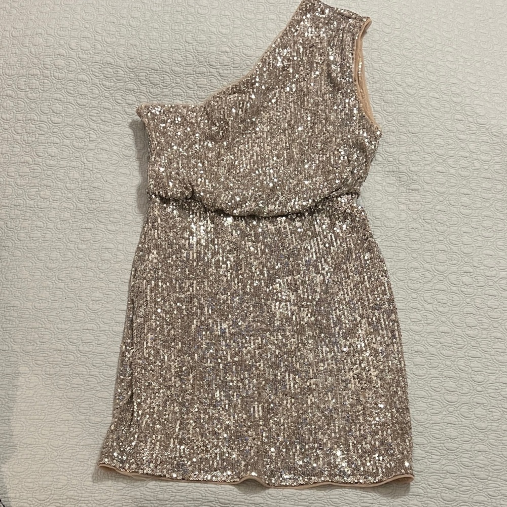 Adrianna Papell One-Shoulder Sequin Dress in Rose Gold